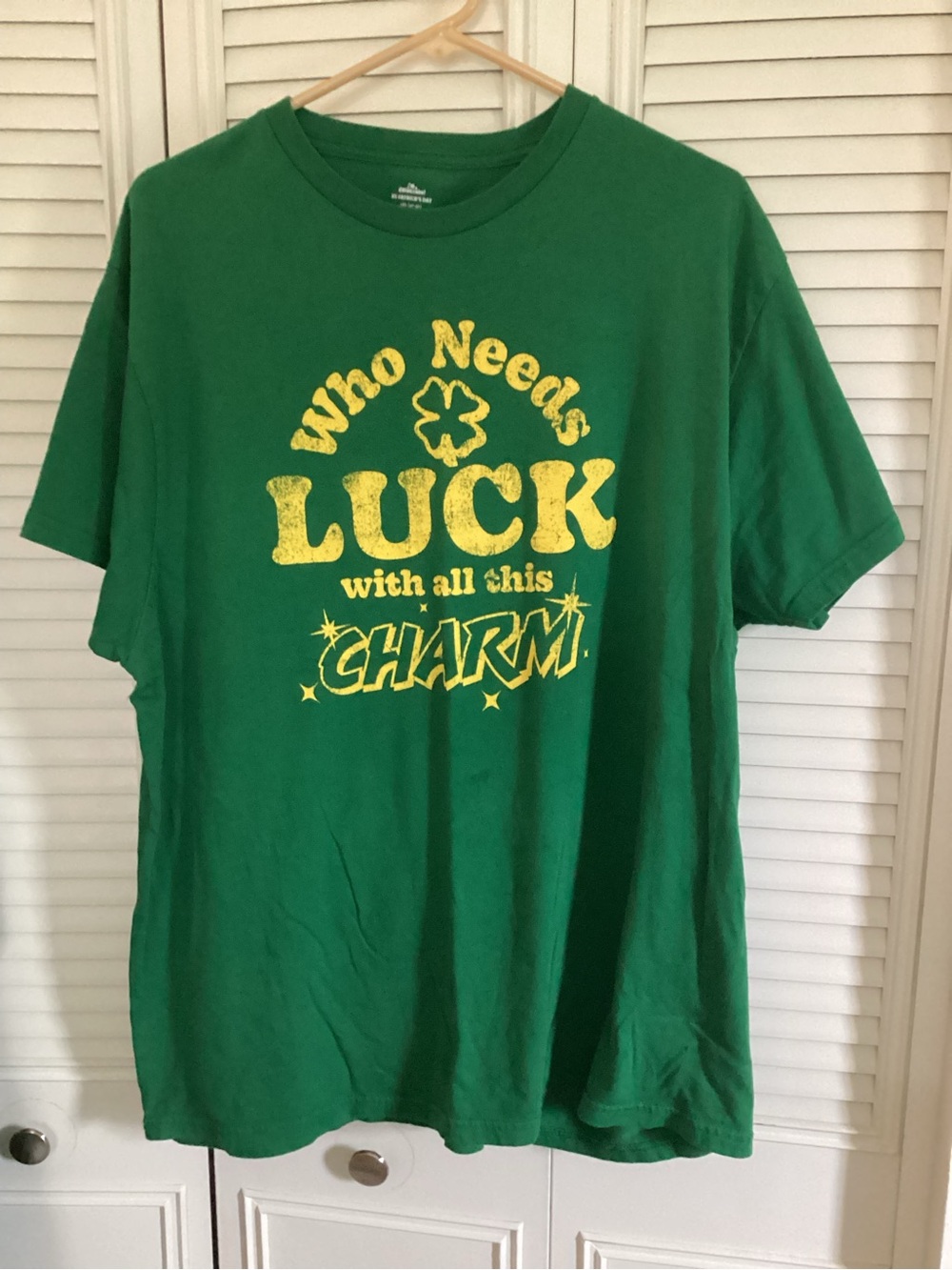 Green Graphic Tee with Yellow “Who Needs Luck” Print